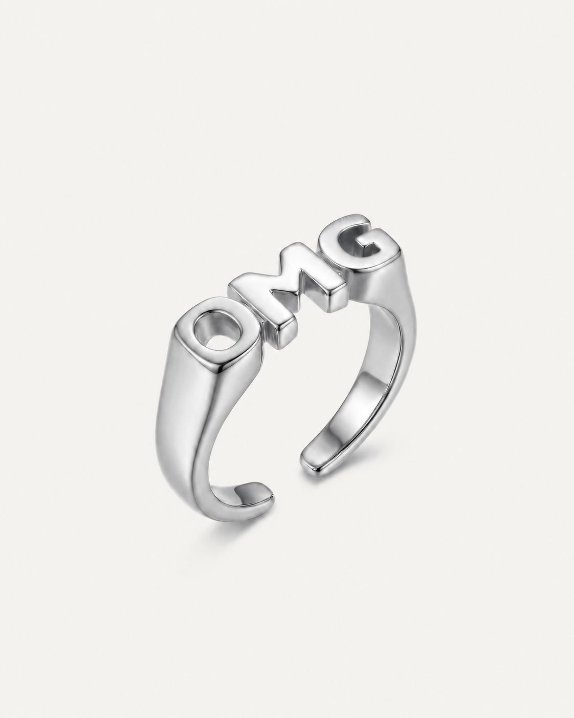 Angled view of silver OMG Ring