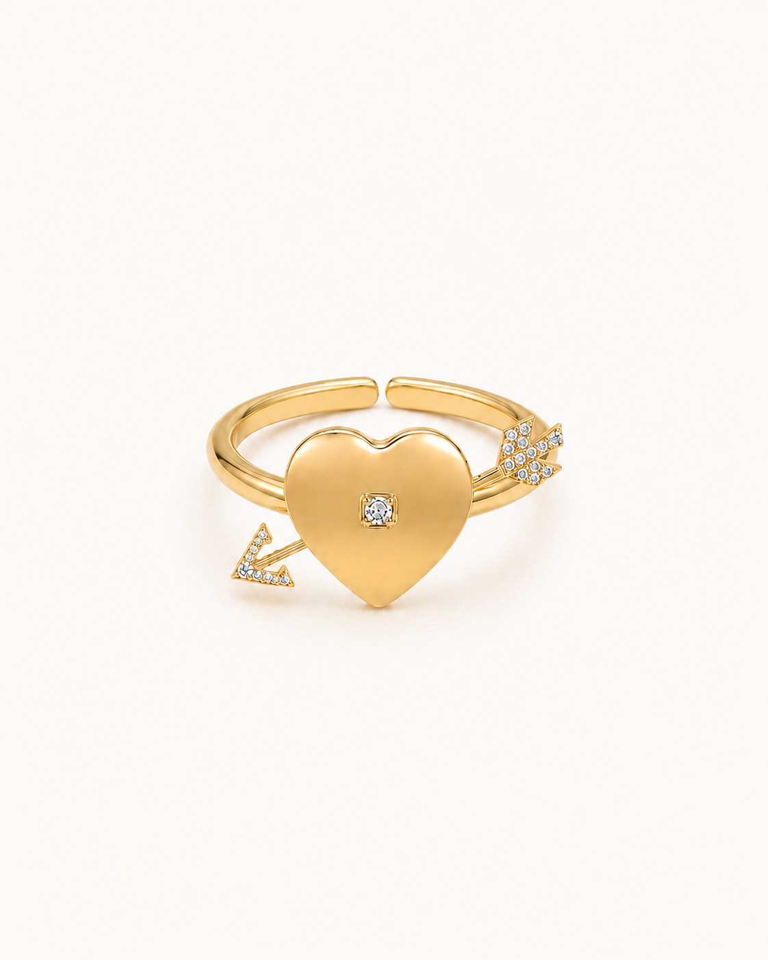 Gold Heartfelt Ring with heart and arrow, front view