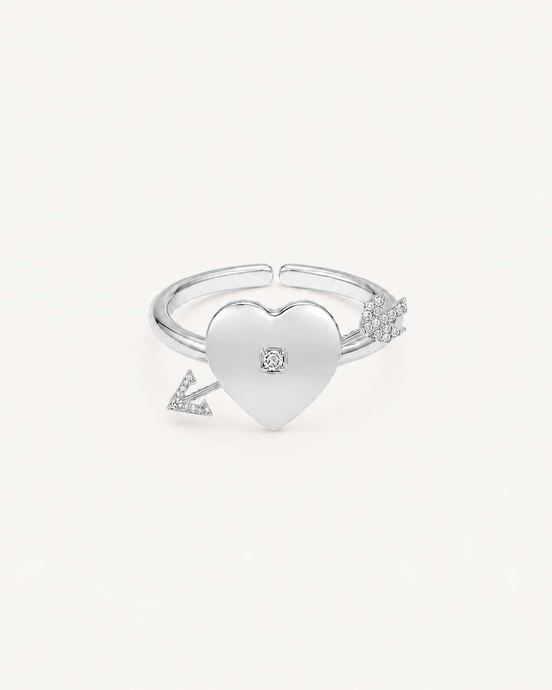 Silver Heartfelt Ring with heart and arrow, front view