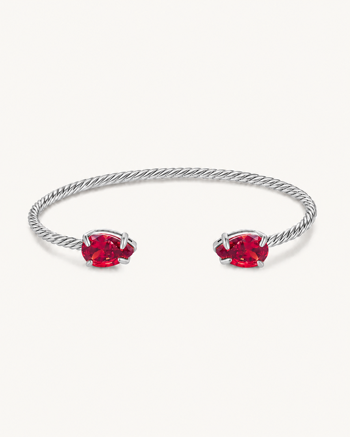 Silver Gem Twist Bracelet with red stones, front view