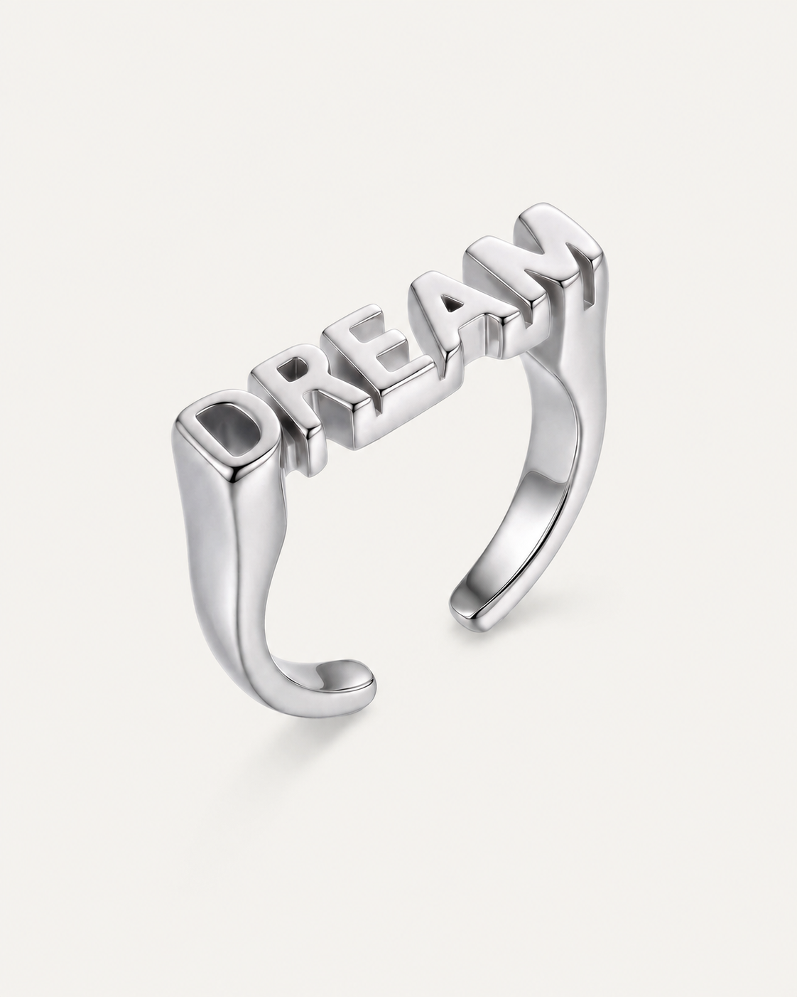 Angled view of silver DREAM Ring