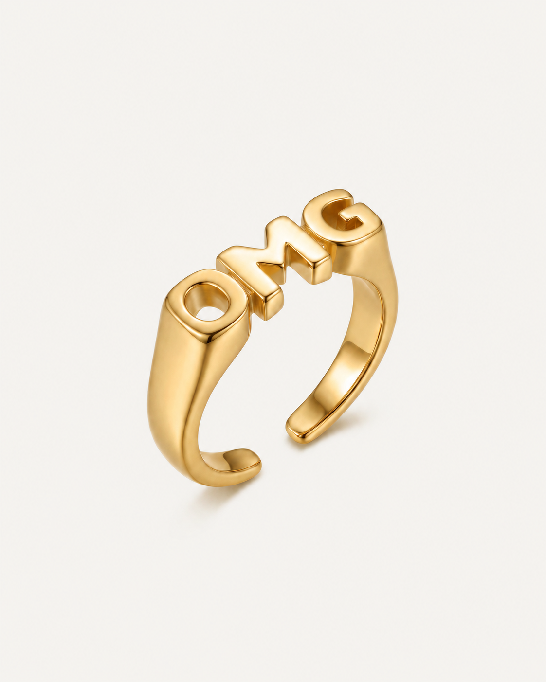 Angled view of gold OMG Ring