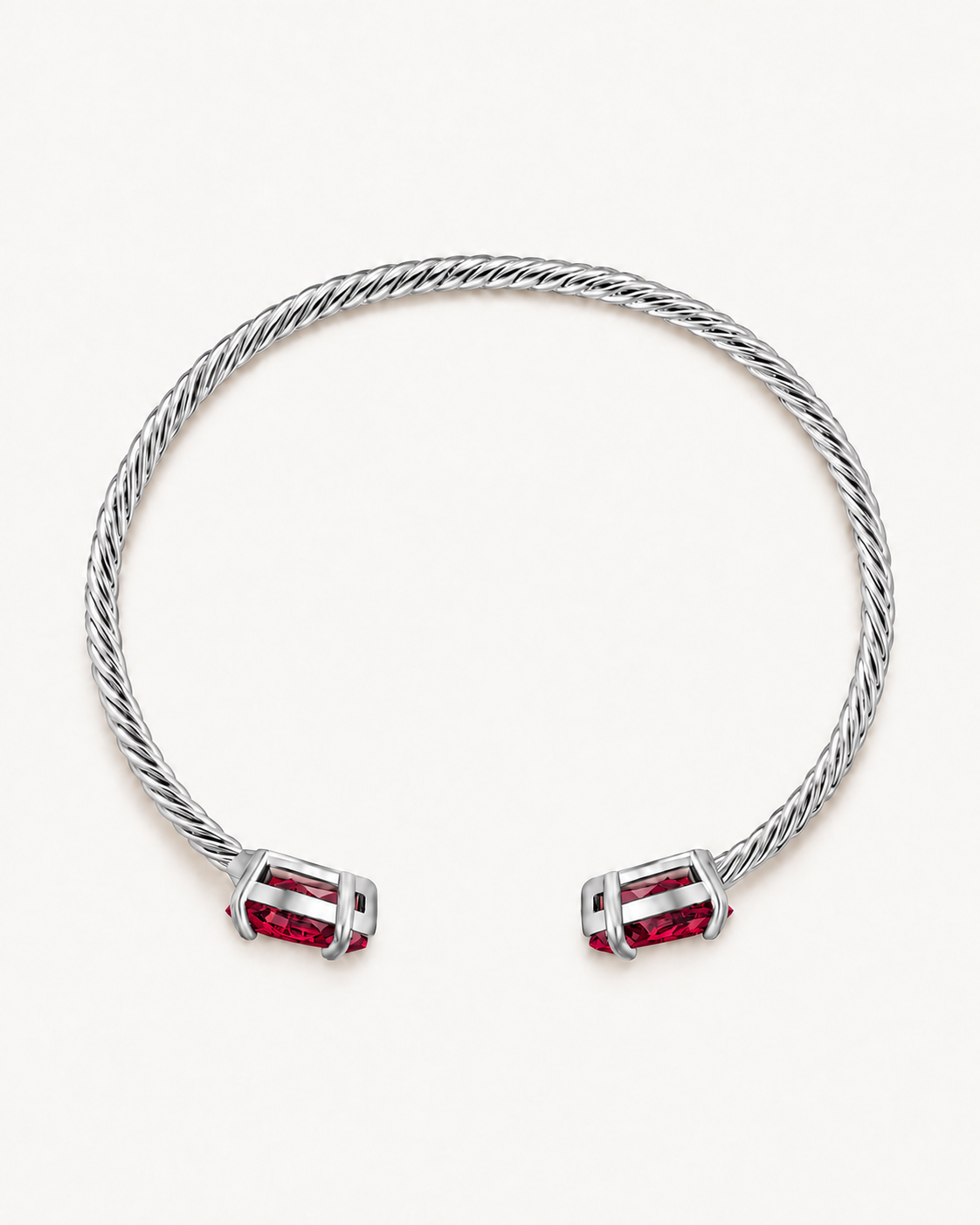 Silver Gem Twist Bracelet with red stones, rear view
