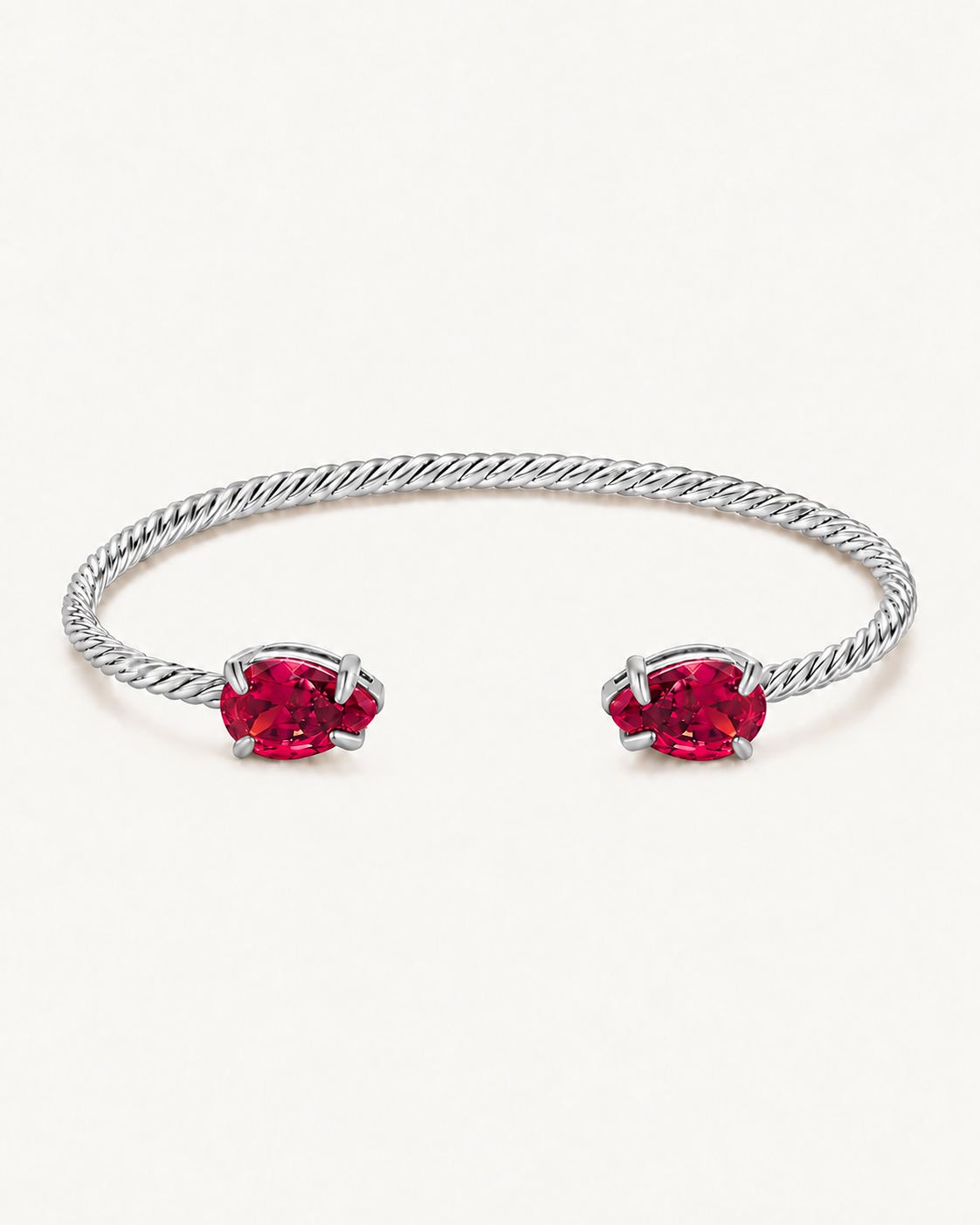 Silver Gem Twist Bracelet with red stones, front view